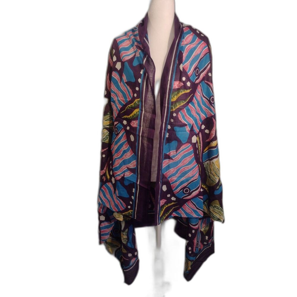 Boho Tropical Fish Print Sarong / Beach Cover-Up - Purple & Multi-Color Cotton - Picture 2 of 5